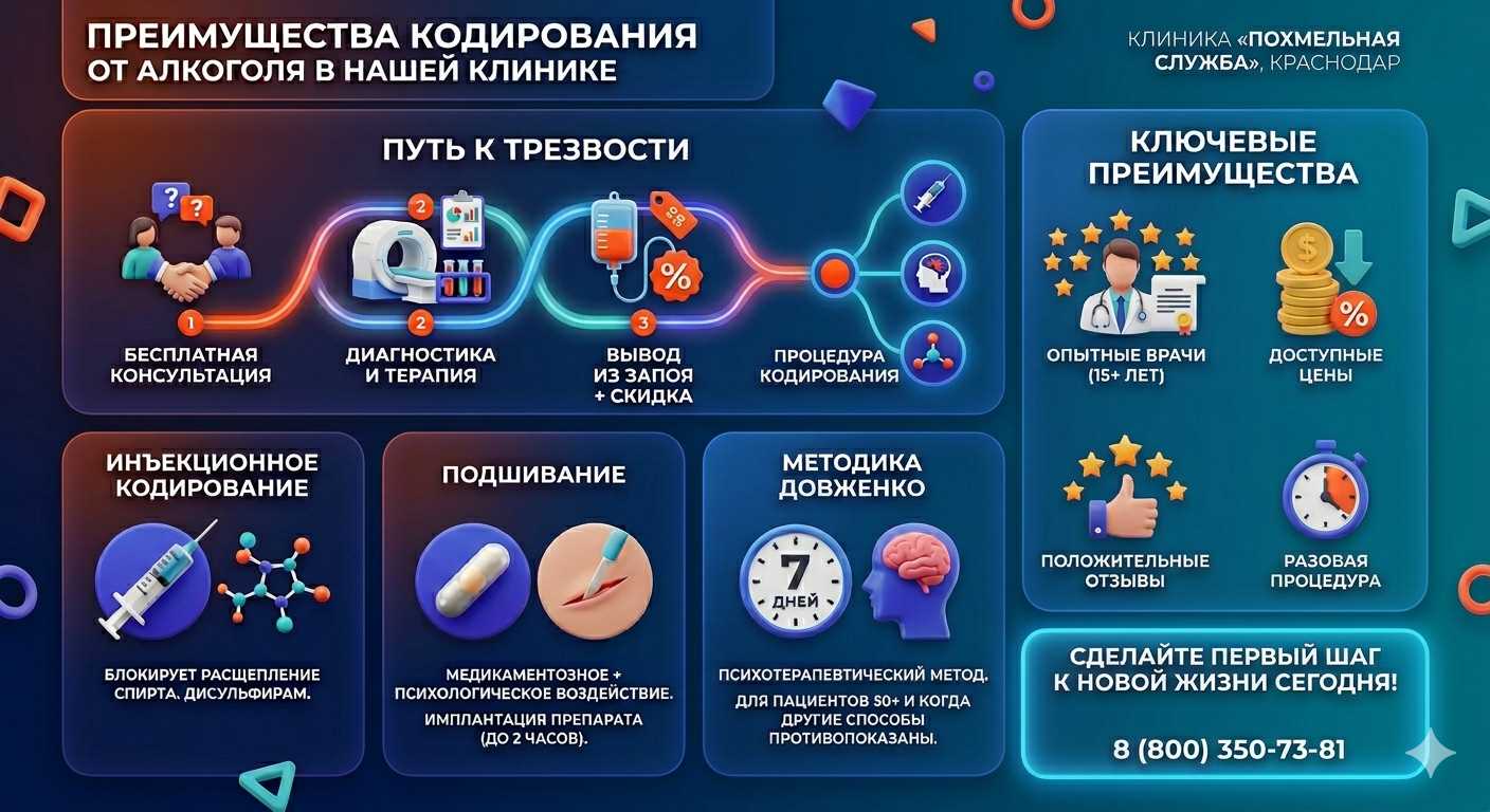 Инфографика о методах кодирования от алкоголя в Форосе: инъекции, подшивание, метод Довженко. Преимущества клиники и этапы лечения.