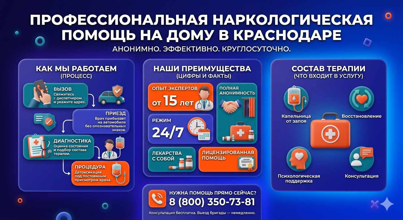 Инфографика о принципах лечения алкоголизма на дому в Форосе: этапы вызова нарколога, преимущества анонимной детоксикации и состав медицинской помощи.